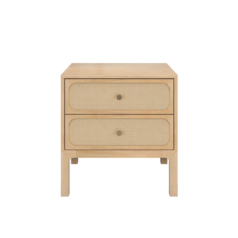 Light oak two-drawer nightstand with natural rattan cane drawer fronts and round brass knobs — mid-century modern bedside table for bedroom storage