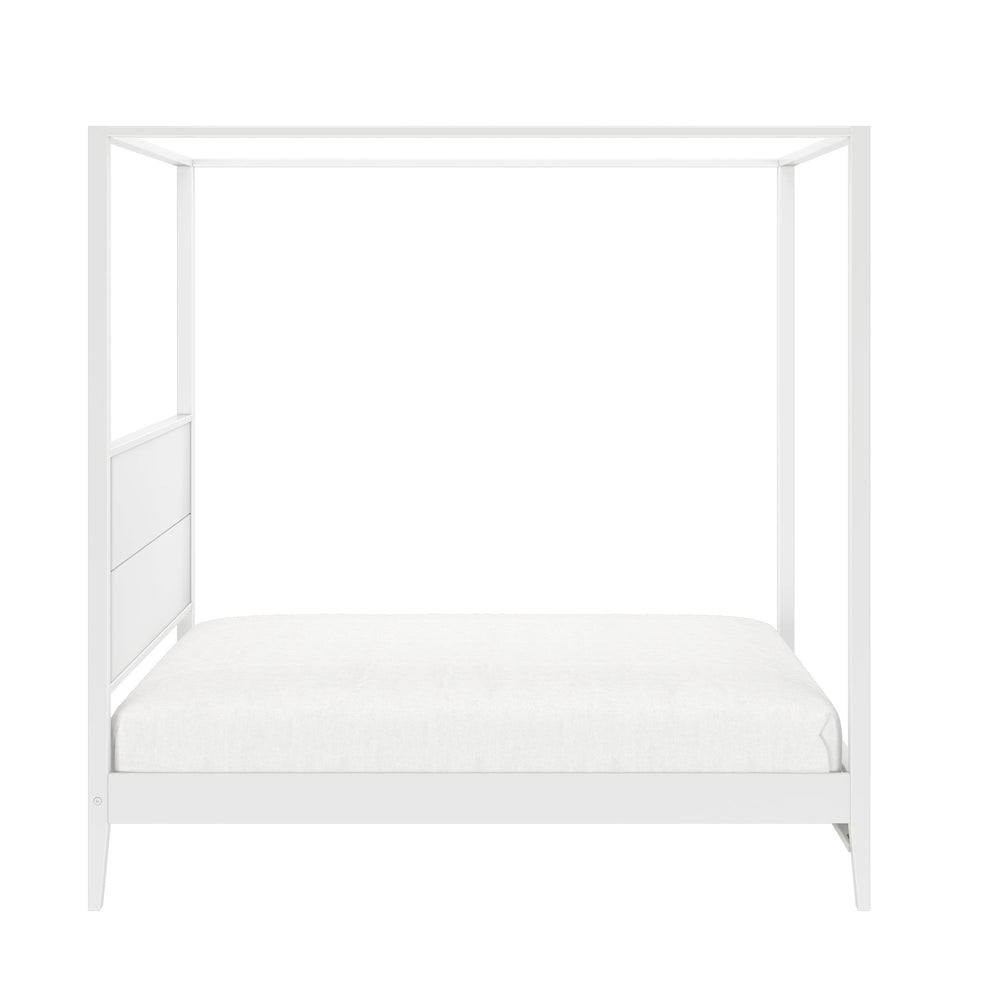 White minimalist four-poster bed with modern design and clean lines.