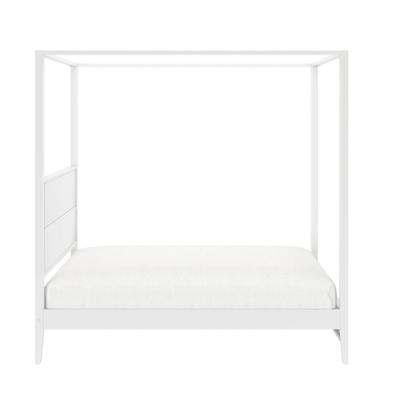 White modern four-poster canopy bed frame with low platform mattress, minimalist contemporary bedroom furniture on white background