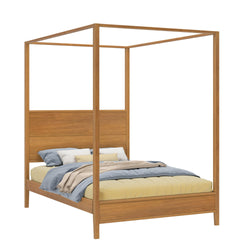 Wooden canopy bed with blue and beige bedding set, four-poster design.
