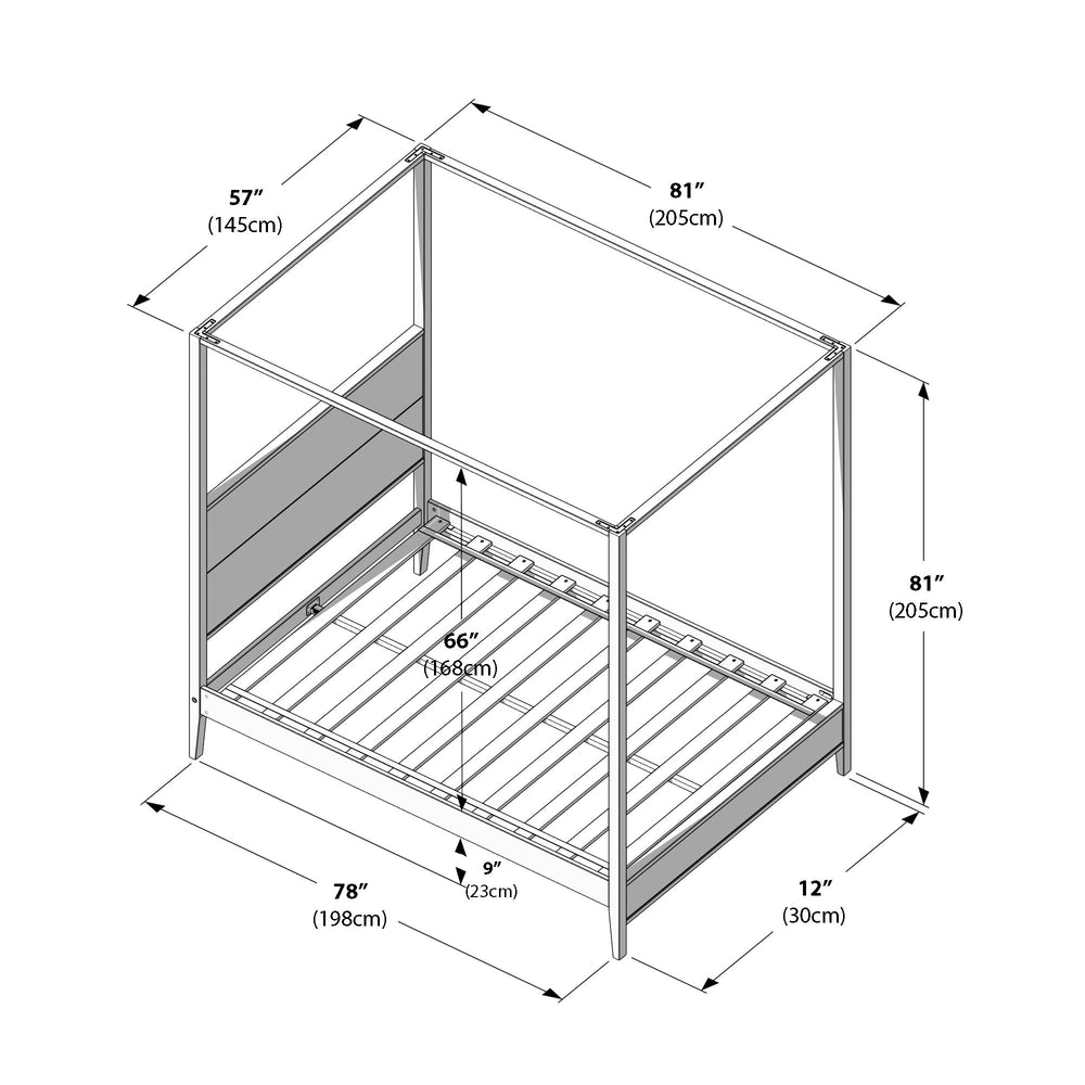 Canopy bed assembly diagram with dimensions, including width 57 inches, length 78 inches, height 81 inches, showcasing detailed specifications for accurate setup.