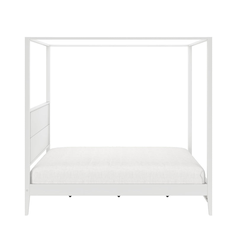 Minimalist white four-poster canopy bed frame with low-profile mattress, contemporary modern bedroom furniture isolated on white background