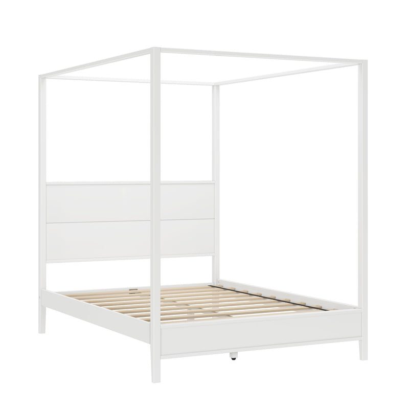 White wooden four-poster canopy bed frame with slatted base and minimalist paneled headboard, modern bedroom furniture