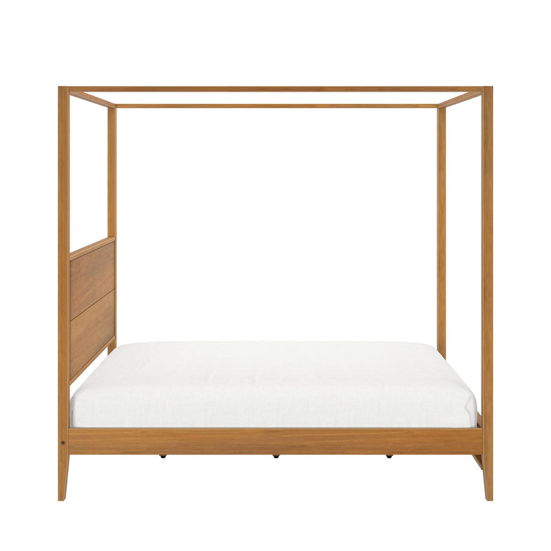 Wooden four-poster bed frame with white mattress, modern minimalist bedroom furniture.