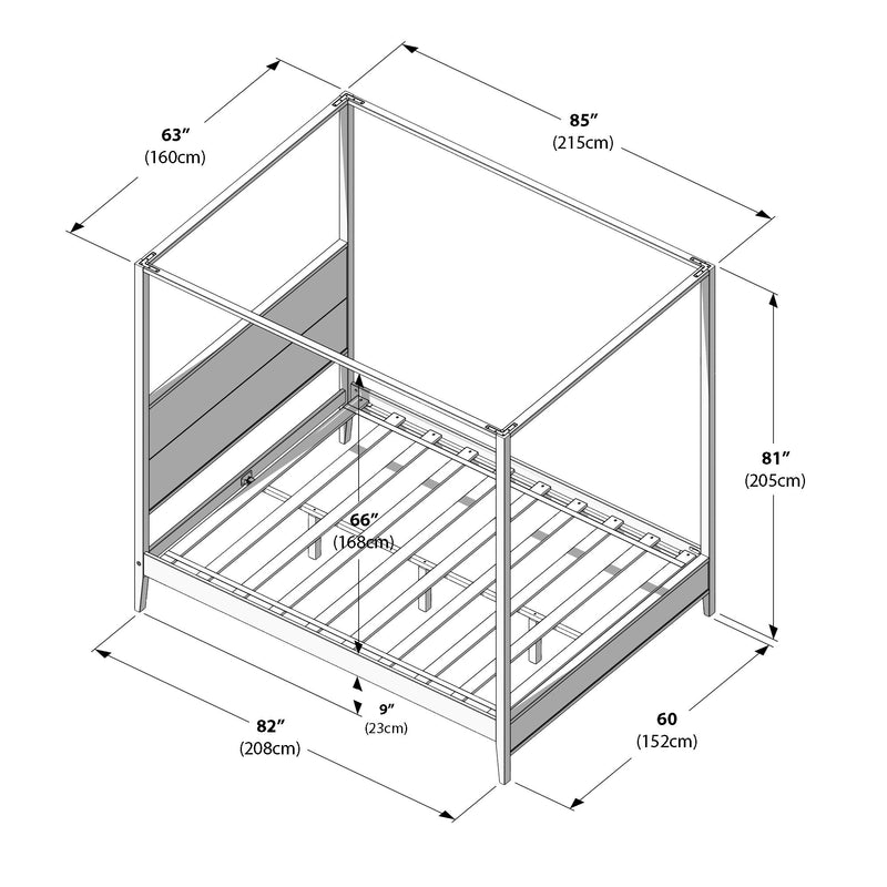Queen canopy bed frame dimensions diagram — four‑poster slatted platform bed with headboard, measurements 82″ L x 60″ W x 81″ H (208 x 152 x 205 cm) and canopy 85″ x 63″ (215 x 160 cm)