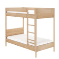 Natural light wood bunk bed with integrated ladder and white mattresses, modern space-saving solid wood frame for kids' bedroom furniture