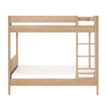 Light oak solid wood bunk bed with integrated side ladder and white mattresses, modern minimalist twin-over-twin space-saving bedroom furniture