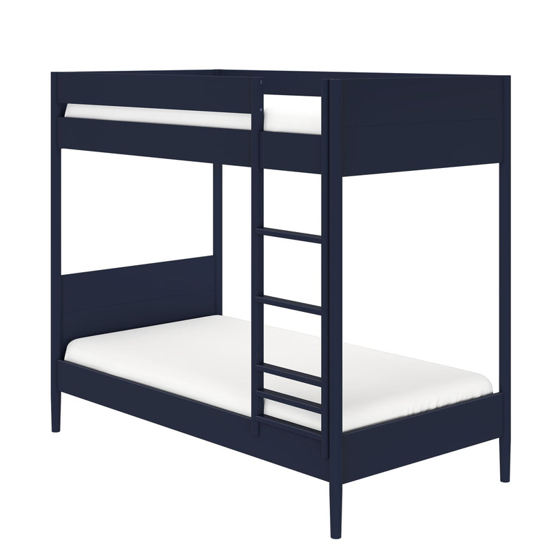 Navy blue twin-over-twin wooden bunk bed with integrated ladder and safety guardrails, modern space-saving kids' bedroom furniture with white mattresses