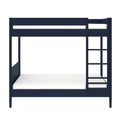 Navy blue wooden bunk bed with ladder and white mattresses, modern space-saving kids bedroom furniture
