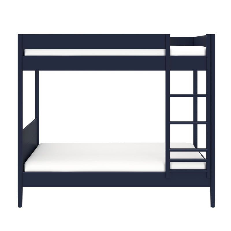 Navy blue wooden bunk bed with ladder and white mattresses, modern space-saving kids bedroom furniture