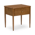 Mid-century modern walnut nightstand with one drawer, tapered legs and brass knob — compact wooden bedside table for bedroom storage