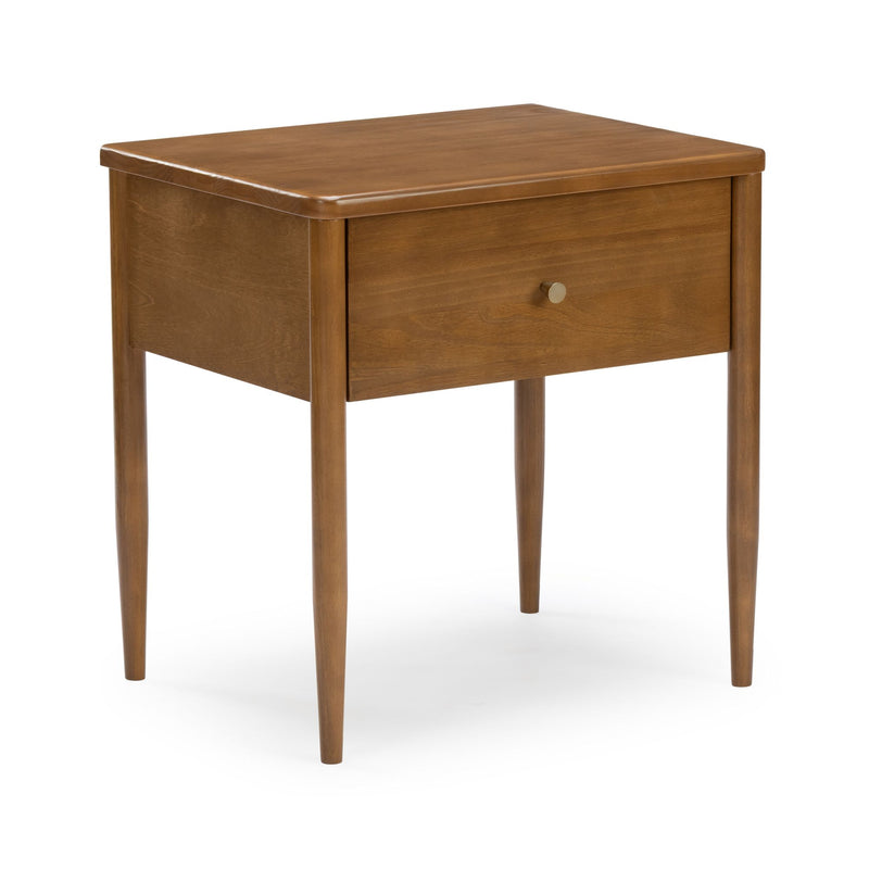 Mid-century modern walnut nightstand with one drawer, tapered legs and brass knob — compact wooden bedside table for bedroom storage