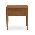 Mid-century modern walnut-finish wooden nightstand — single-drawer bedside table with brass-tone knob and tapered legs