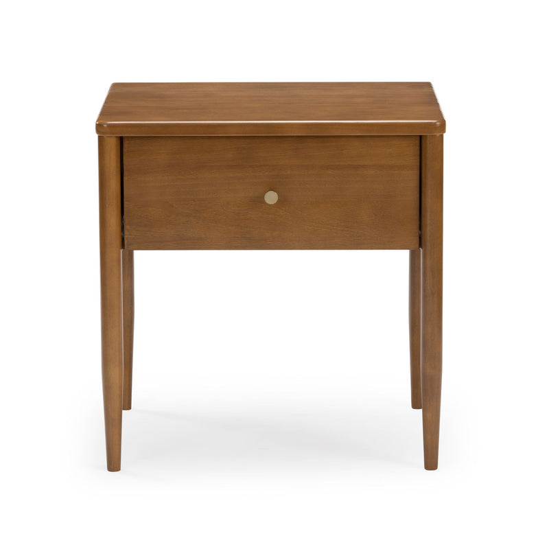Mid-century modern walnut-finish wooden nightstand — single-drawer bedside table with brass-tone knob and tapered legs