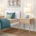 Modern kids' bedroom with pastel striped wallpaper, white bed frame, teal and mint pillows, wooden nightstand with blue lamp and colorful gumball artwork