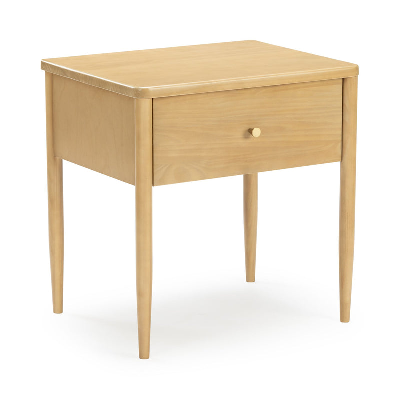 Natural light wood mid-century modern bedside table with single drawer and tapered legs