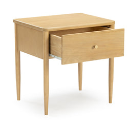 Mid-century modern light wood nightstand with one open drawer, tapered legs and minimalist bedside table in natural maple finish