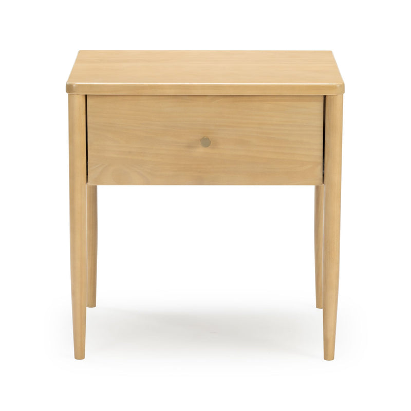 Mid-century modern light wood nightstand with single drawer and tapered legs, natural finish bedside table