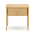 Mid-century modern light wood bedside table, single-drawer minimalist nightstand with tapered legs