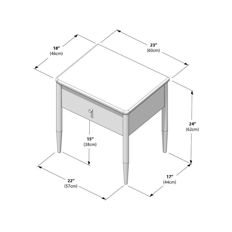 Isometric diagram of a small side/bedside table with a single drawer and tapered legs, overall dimensions 23" x 18" x 24" (60 x 46 x 62 cm)