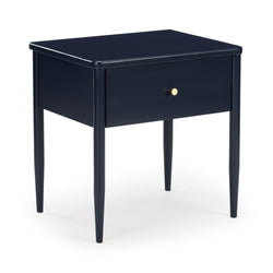 Navy blue mid-century modern wooden bedside table with single drawer, brass knob and tapered legs