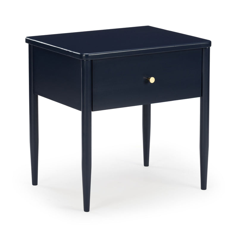 Navy blue mid-century modern wooden bedside table with single drawer, brass knob and tapered legs