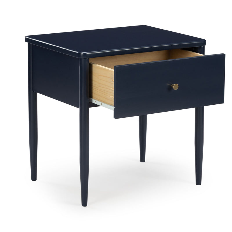 Navy blue mid-century modern nightstand bedside table with one open drawer, brass knob, tapered legs and natural wood interior