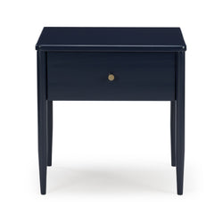 Navy blue mid-century modern nightstand bedside table with single drawer, brass knob, and tapered legs