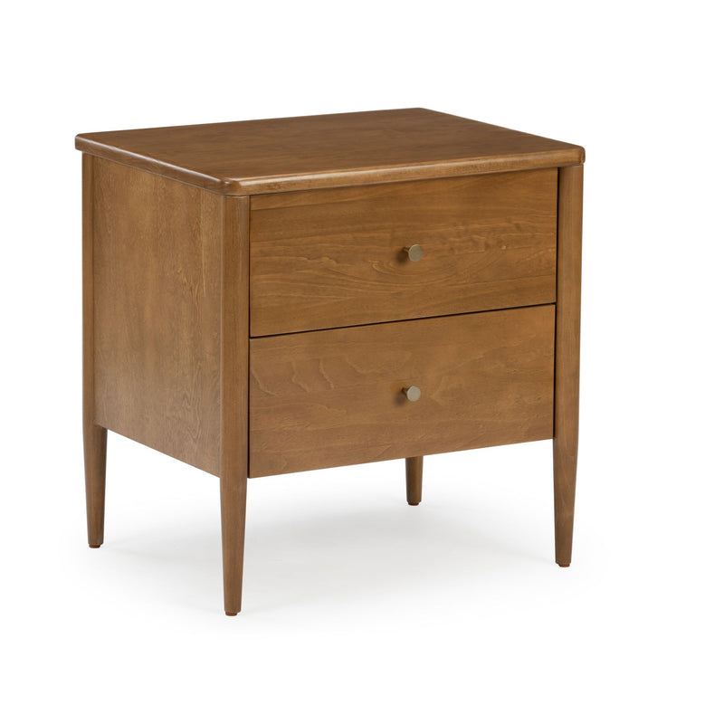Mid-century modern two-drawer wooden nightstand bedside table with tapered legs, round brass knobs and warm walnut finish for bedroom storage