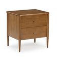 Mid-century modern two-drawer wooden storage nightstand bedside table with tapered legs and metal knobs in warm brown finish
