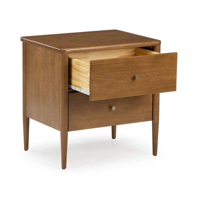 Mid-century modern walnut-finish wooden nightstand — two-drawer bedside table with one open drawer, tapered legs and brass knobs