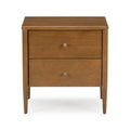 Mid-century modern wooden nightstand, two-drawer brown bedside table with round brass knobs and tapered legs