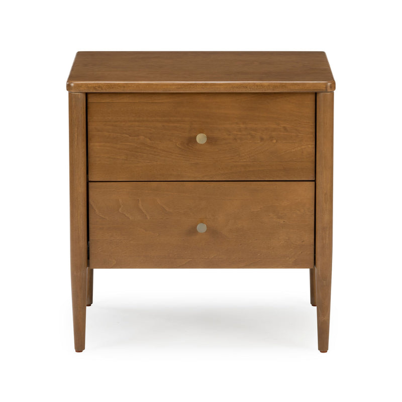 Mid-century modern wooden nightstand, two-drawer brown bedside table with round brass knobs and tapered legs