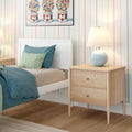 Modern children's bedroom with white twin bed, teal bedding and green pillows, light wood nightstand with blue ceramic table lamp, pastel striped wallpaper and gumball machine wall art