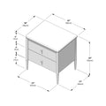 Two-drawer bedside nightstand with knob pulls, tapered legs and rounded top corners; dimensions 23 in W x 18 in D x 24 in H (60 x 46 x 62 cm).