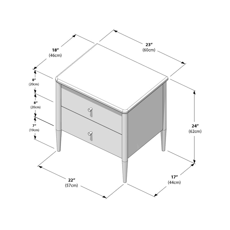 Two-drawer bedside nightstand with knob pulls, tapered legs and rounded top corners; dimensions 23 in W x 18 in D x 24 in H (60 x 46 x 62 cm).