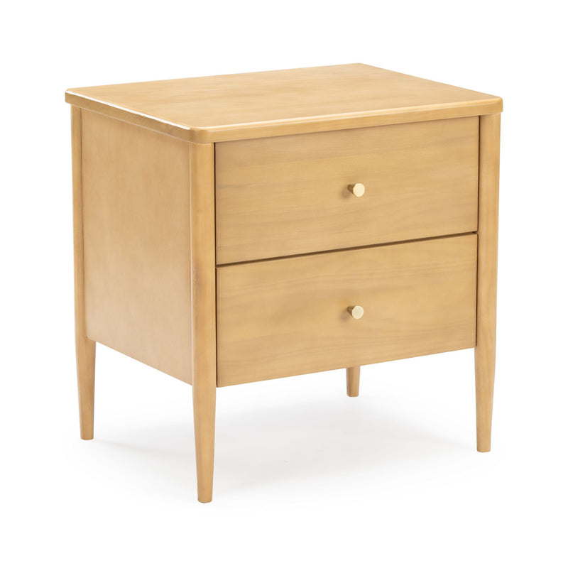 Mid-century modern light wood two-drawer nightstand bedside table with brass knobs and tapered legs
