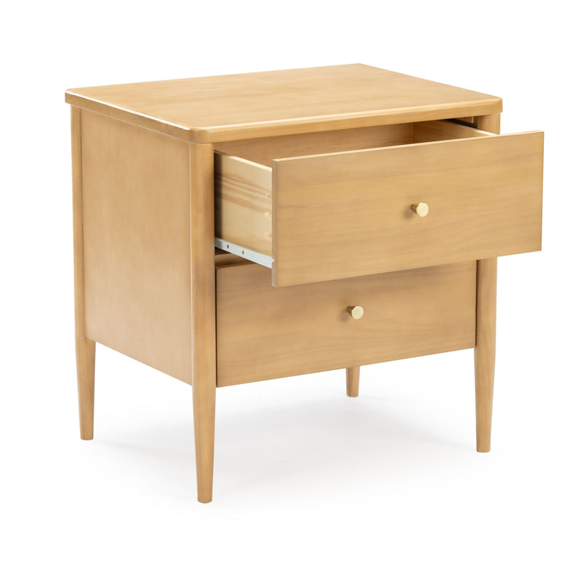 Mid-century modern light wood two-drawer nightstand with tapered legs and brass knobs, open top drawer, minimalist bedside table