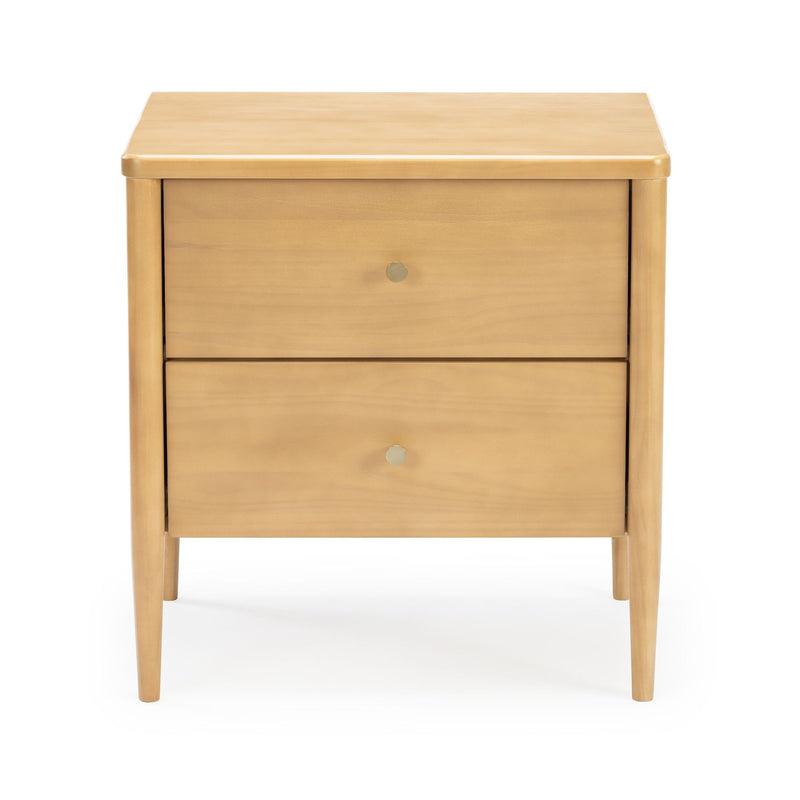 Light wood two-drawer bedside nightstand with tapered legs and round metal knobs, mid-century modern bedroom table