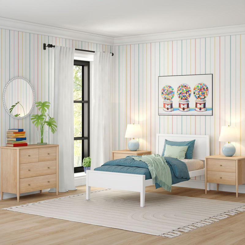 Bright modern children's bedroom with white twin bed, teal bedding, pastel striped wallpaper, light wood furniture, colorful gumball artwork, and large window with white curtains.