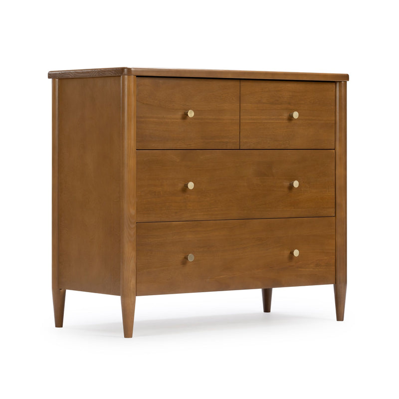 Mid-century modern walnut four-drawer dresser with brass knobs and tapered legs for bedroom storage