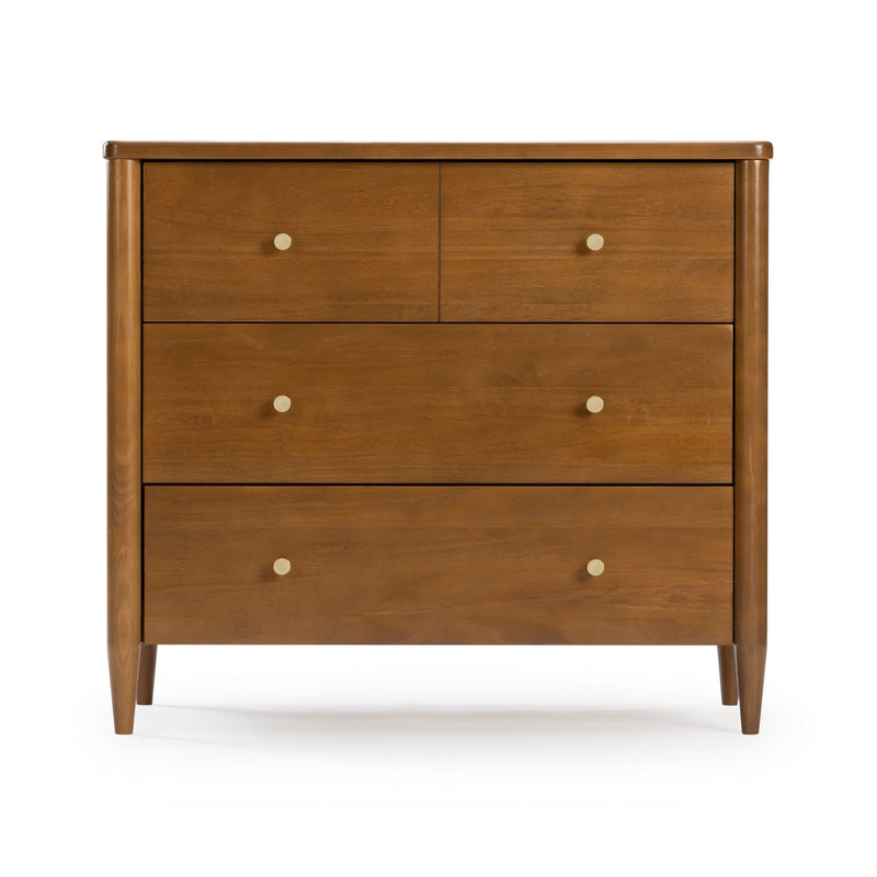 Mid-century modern walnut 4-drawer dresser with tapered legs and brass round knobs, bedroom storage