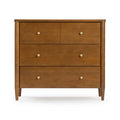 Mid-century modern walnut 4-drawer dresser with brass knobs on white background, solid wood bedroom chest of drawers