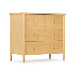 Mid-century modern light wood four-drawer dresser with tapered legs and round knobs, natural-finish bedroom chest of drawers for storage