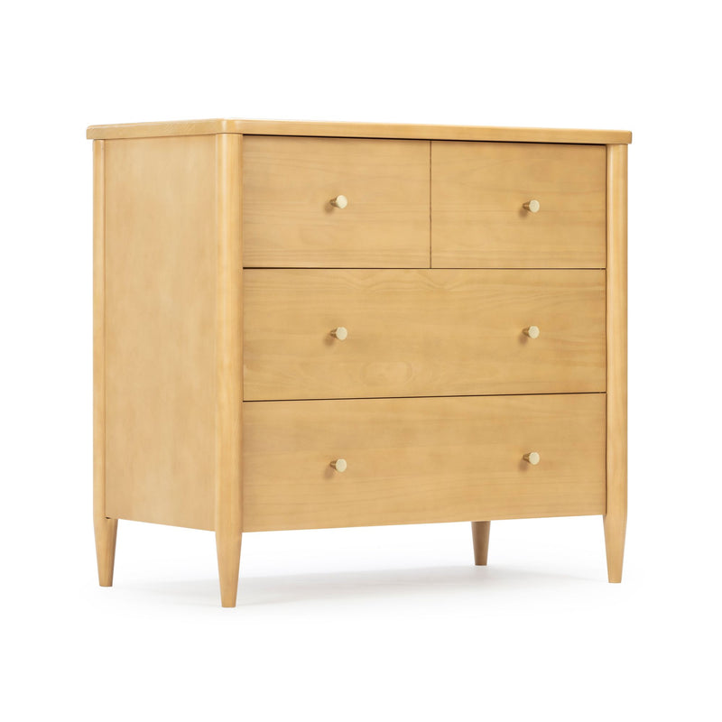 Mid-century modern light wood four-drawer dresser with tapered legs and round knobs, natural-finish bedroom chest of drawers for storage