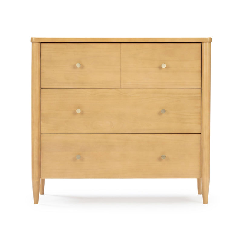 Mid-century modern light wood 3-drawer dresser with tapered legs and round metal knobs, natural maple-finish chest of drawers on white background