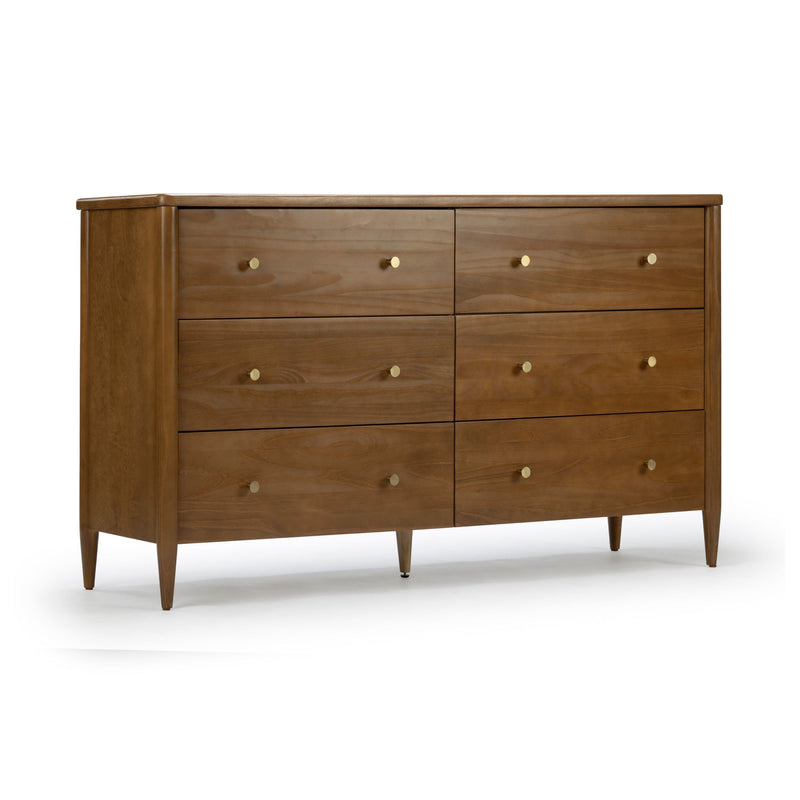 Mid-century modern walnut six-drawer dresser with brass knobs and tapered legs for bedroom storage