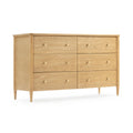 Mid-century modern light maple six-drawer dresser with brass knobs and tapered legs, bedroom storage chest, natural wood finish