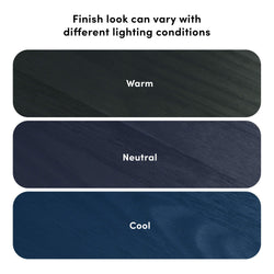 Wood finish color variations under different lighting conditions showing warm (dark charcoal), neutral (deep navy), and cool (blue) swatches