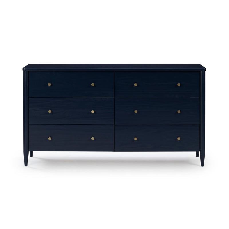 Navy blue six-drawer wooden dresser with round brass knobs and tapered legs, mid-century modern bedroom storage